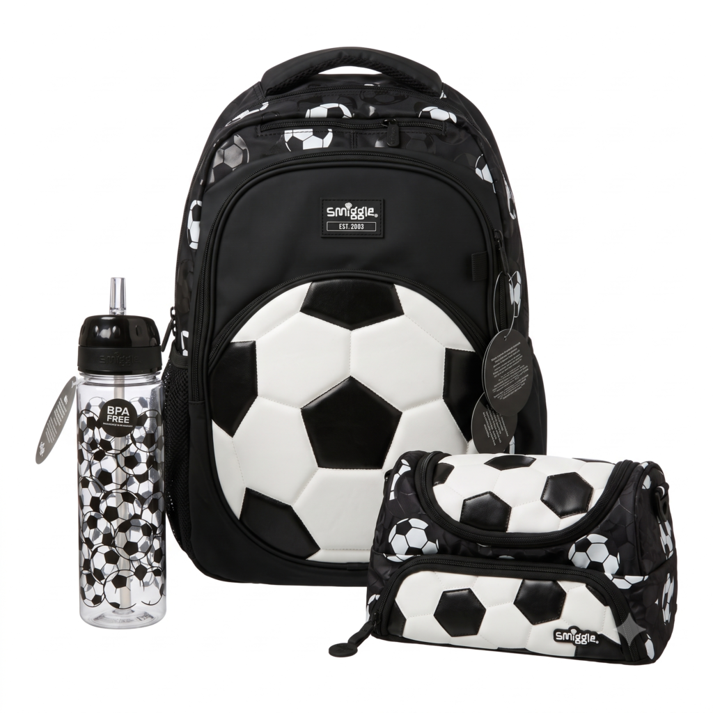 Smiggle Backpack - Soccer White - Size 17 - 3 Pieces Bundle